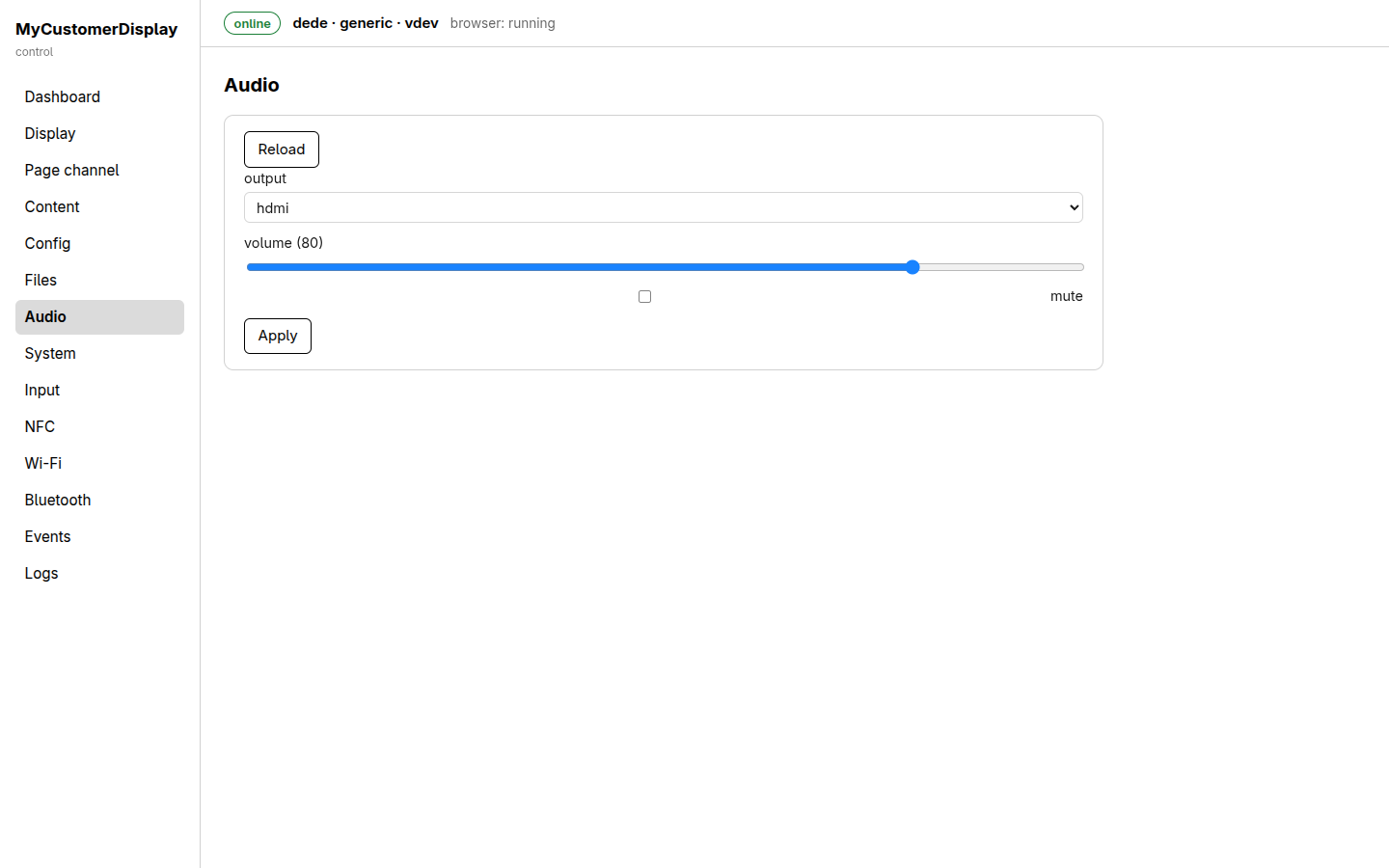 Audio page, with output selector, volume slider and mute checkbox