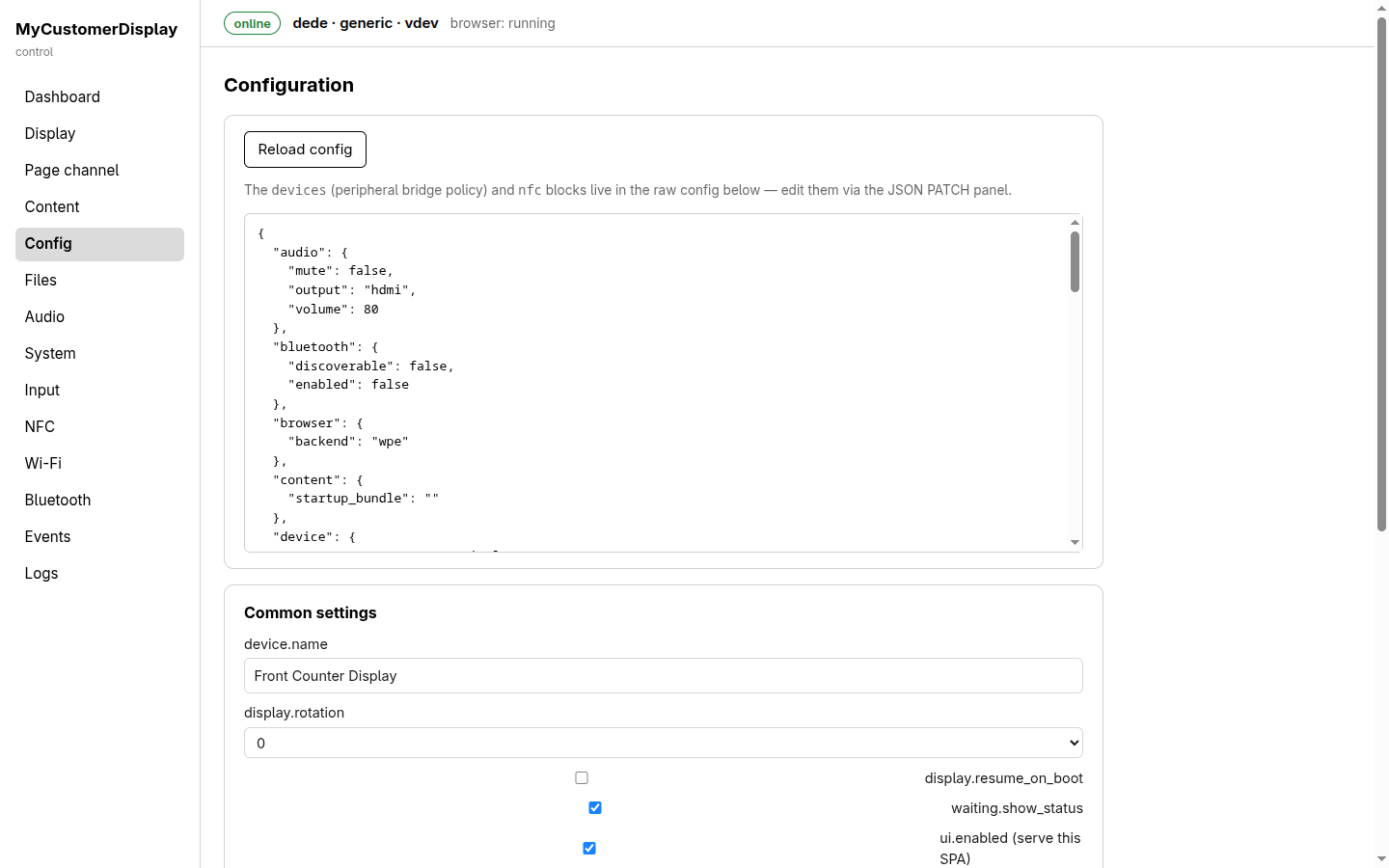 Configuration page, with a raw JSON editor showing the full config document and a form for common settings