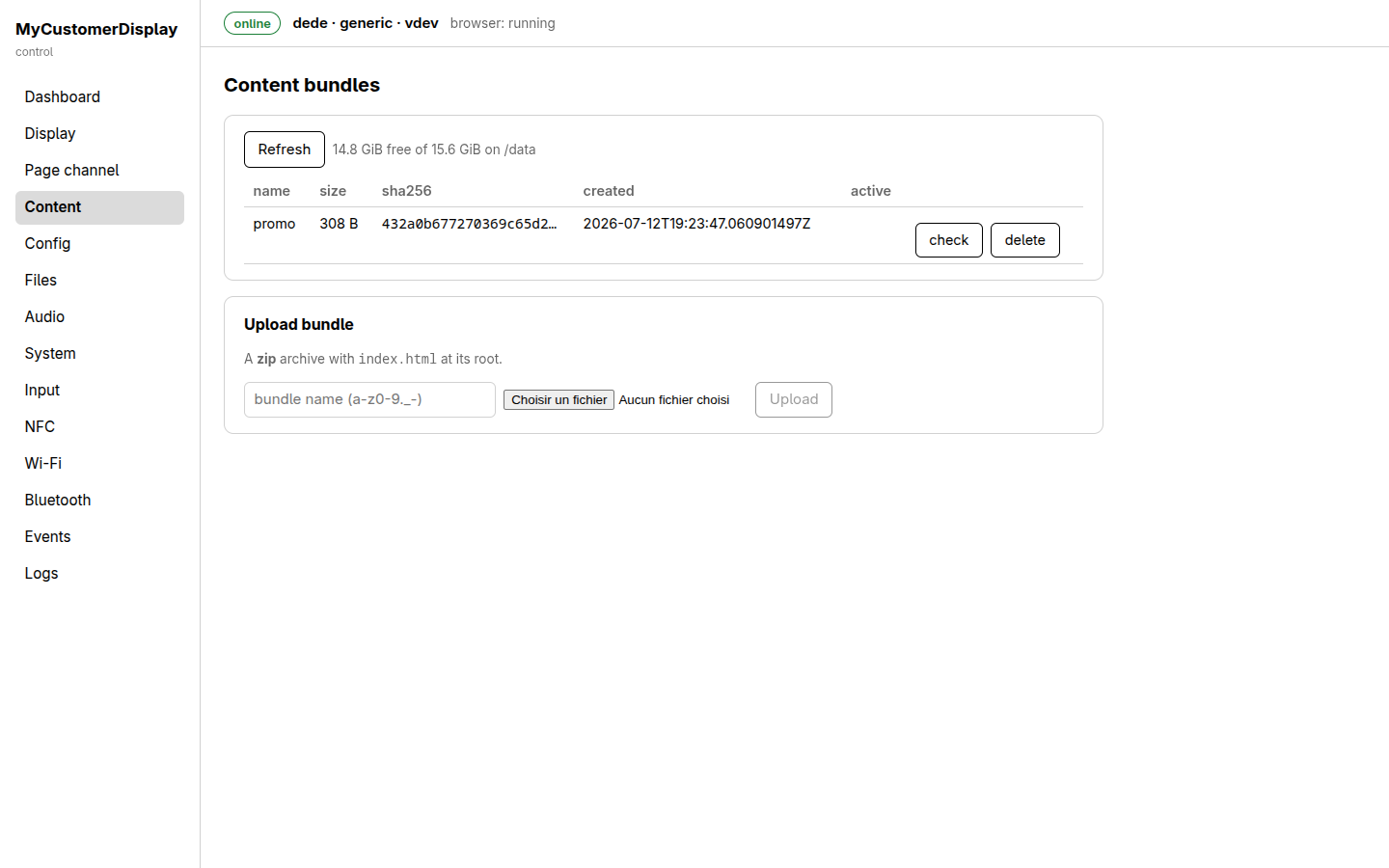Content bundles page, with a bundle table (name, size, sha256, created, active) and an upload form