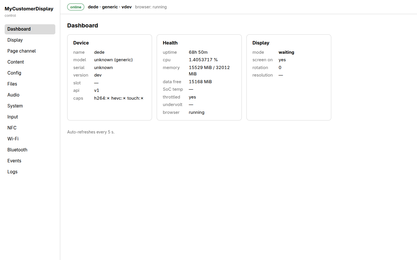 Dashboard page of the management UI, showing Device, Health and Display summary cards