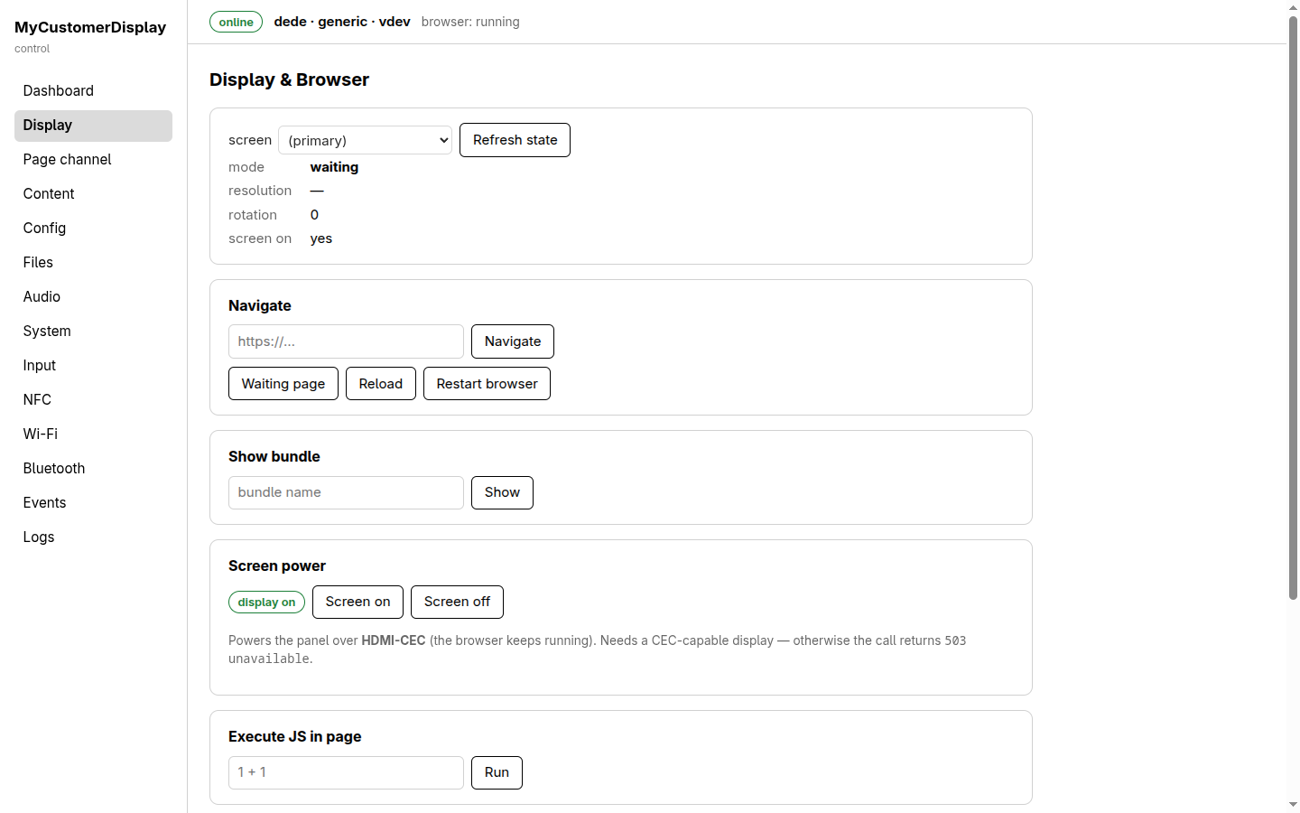 Display and Browser page, with screen selector, navigate/waiting/reload/restart controls, bundle display, screen power, and a JS execution box