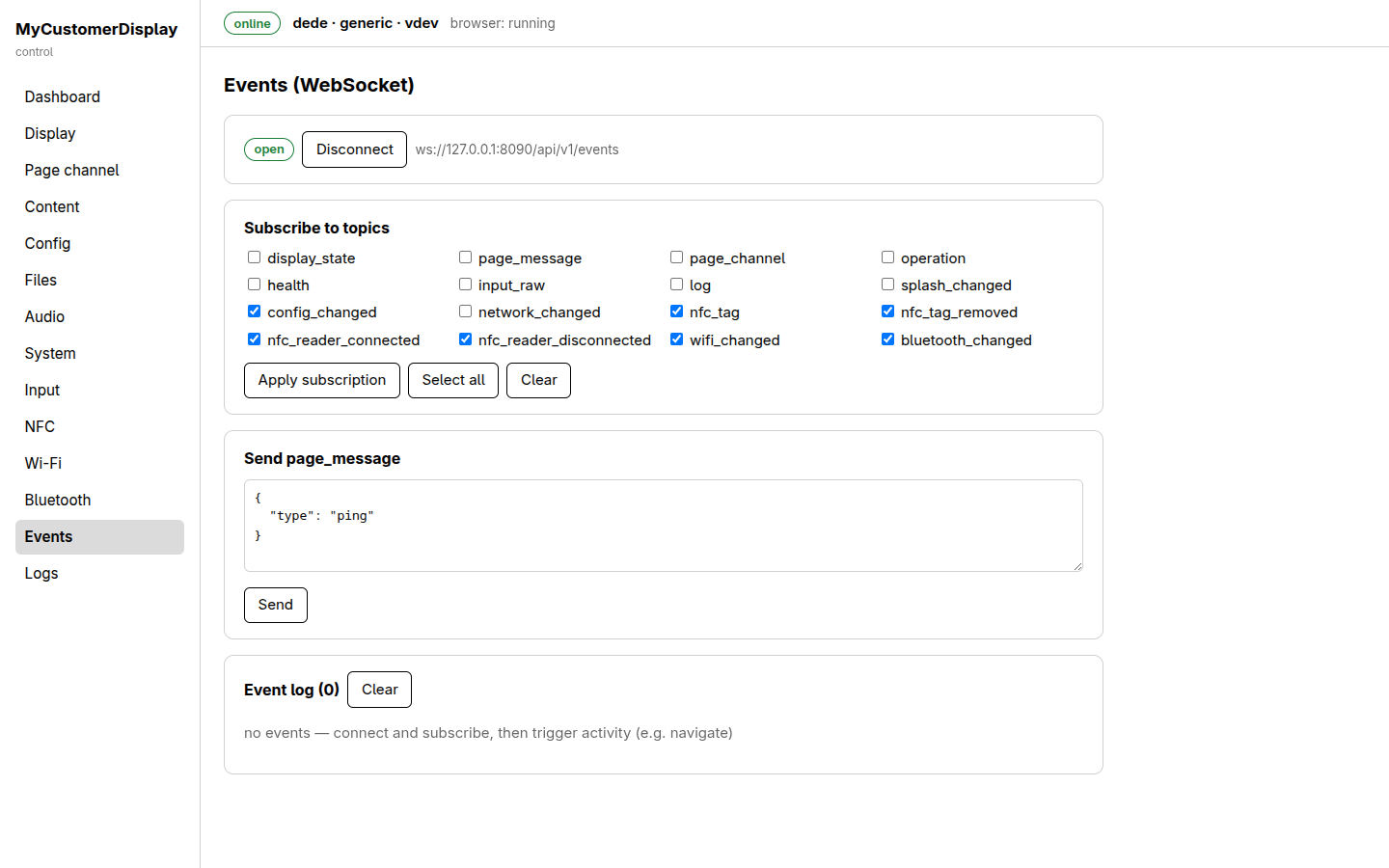 Events (WebSocket) page, with a connection status bar, topic subscription checkboxes, a page-message sender, and a live event log