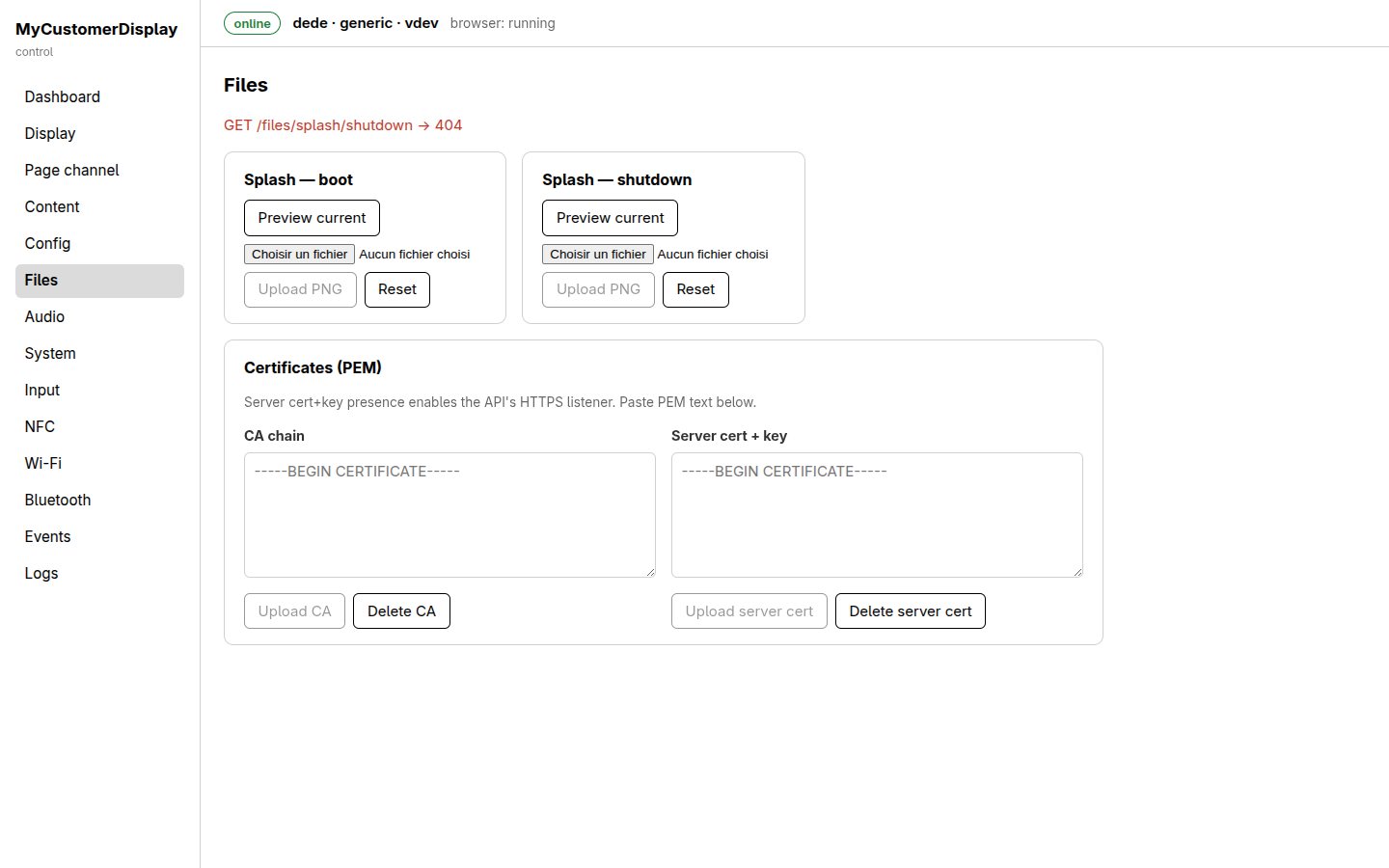 Files page, with splash boot/shutdown image cards and PEM certificate upload fields
