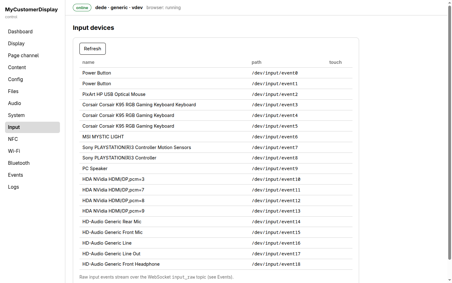 Input devices page, listing detected evdev input devices with name, device path and touch flag