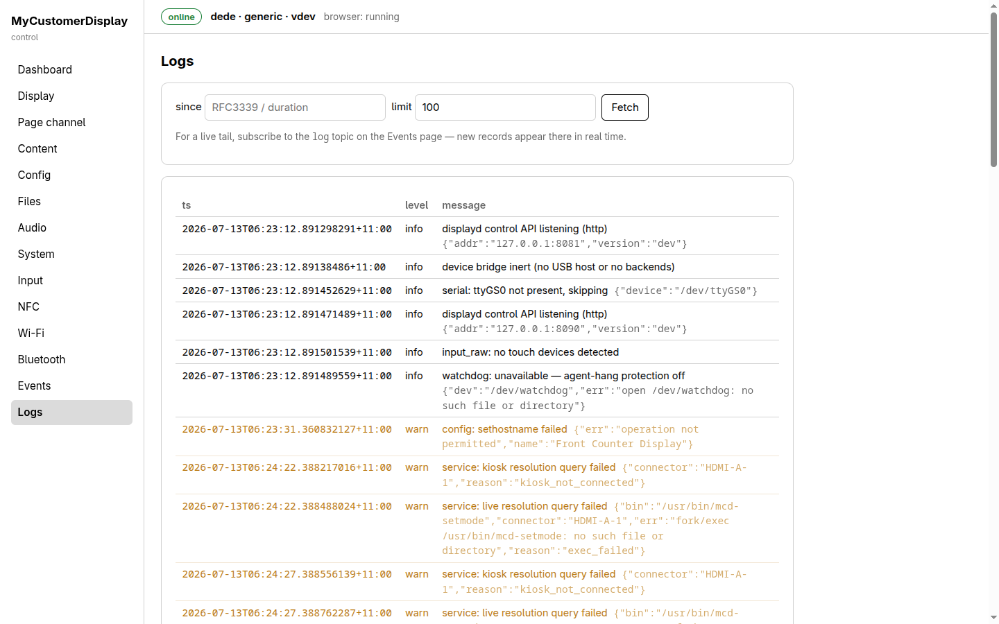Logs page, with a since/limit query form and a structured log table