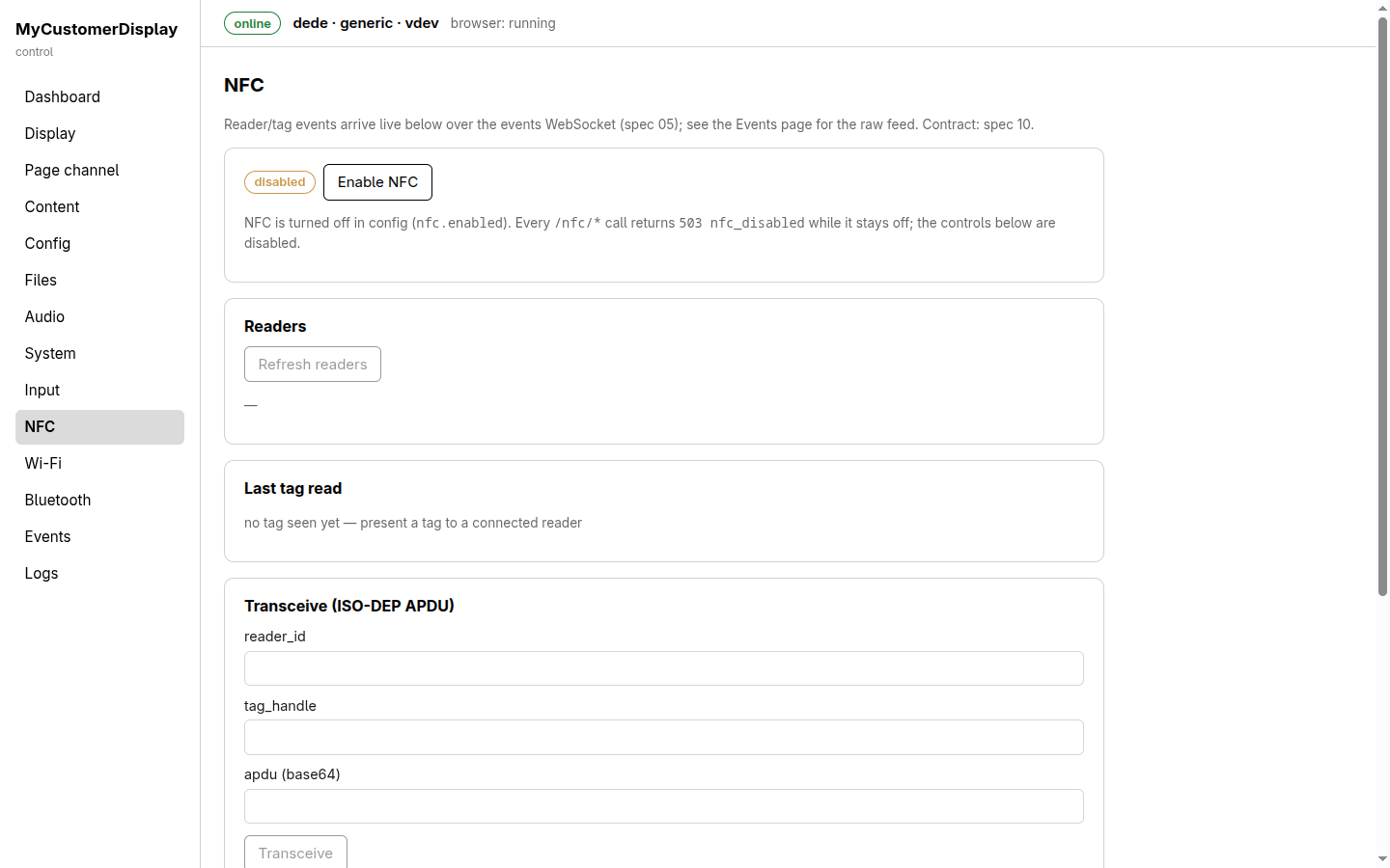 NFC page, showing the disabled banner, a readers list, last tag read, and a transceive form