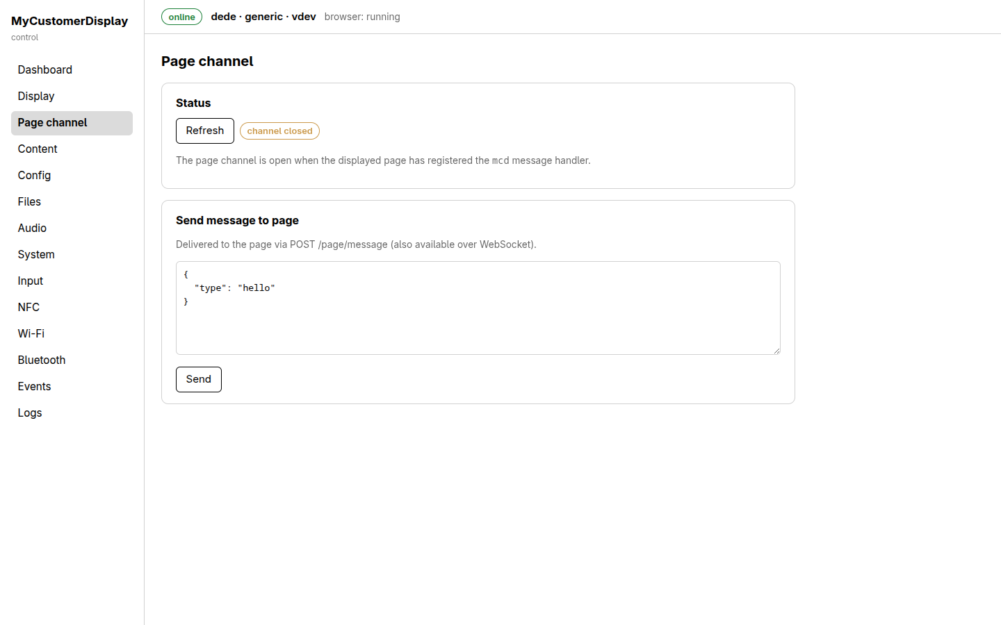 Page channel page, showing channel open/closed status and a JSON message editor to send to the page