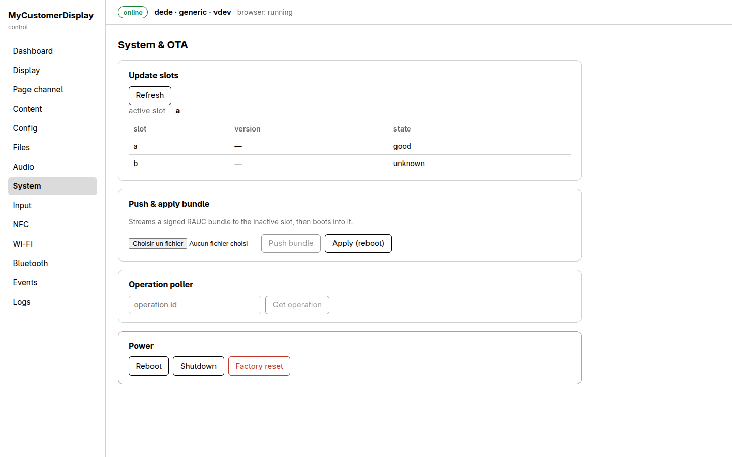 System & OTA page, with update-slot table, bundle push/apply, an operation poller, and power actions