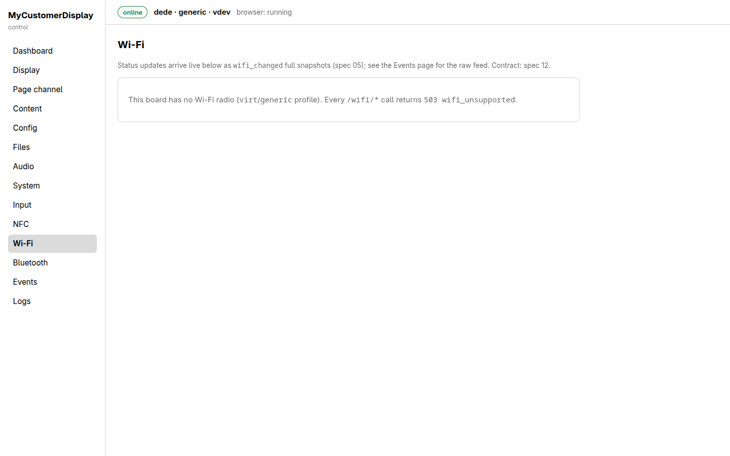 Wi-Fi page, showing an unsupported-board banner on a board with no Wi-Fi radio